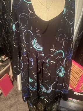 Women’s Black Tie-Front Printed Tunic with cami attached.